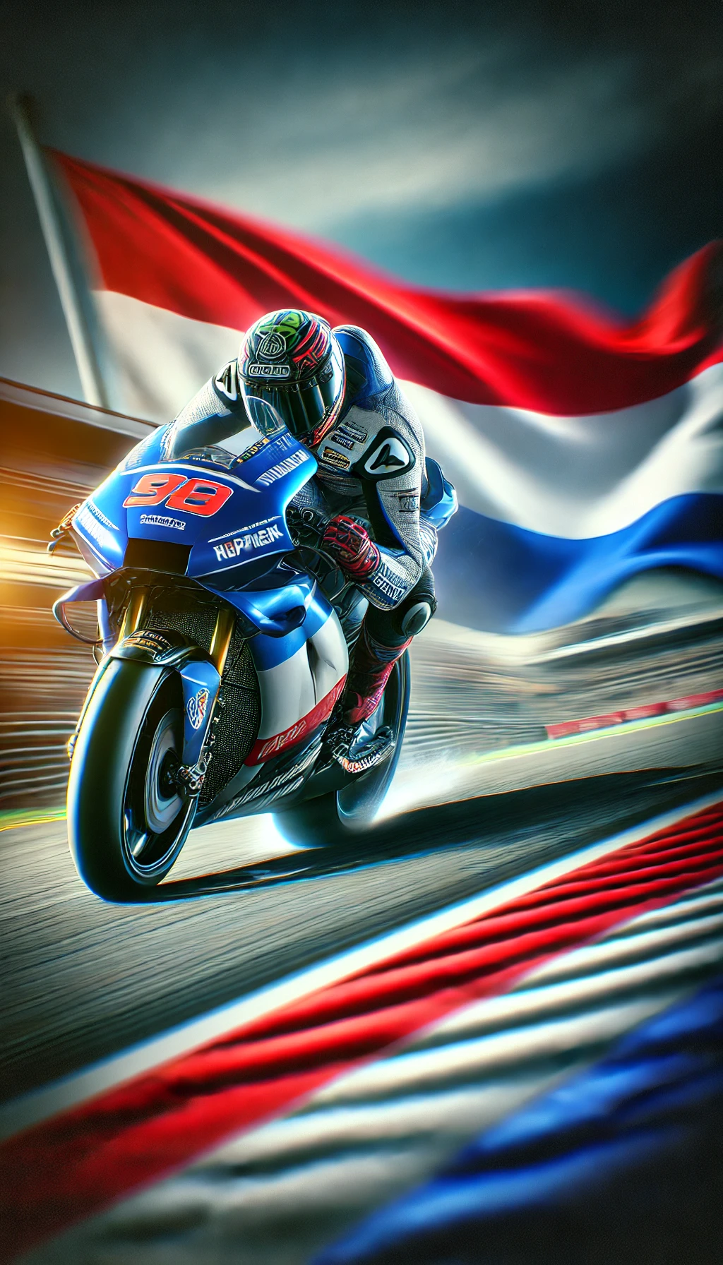 DALL·E 2025-02-18 13.29.29 - A high-speed MotoGP motorcycle racing on a futuristic track, leaning into a sharp turn with sparks flying. The rider is wearing a sleek, aerodynamic r