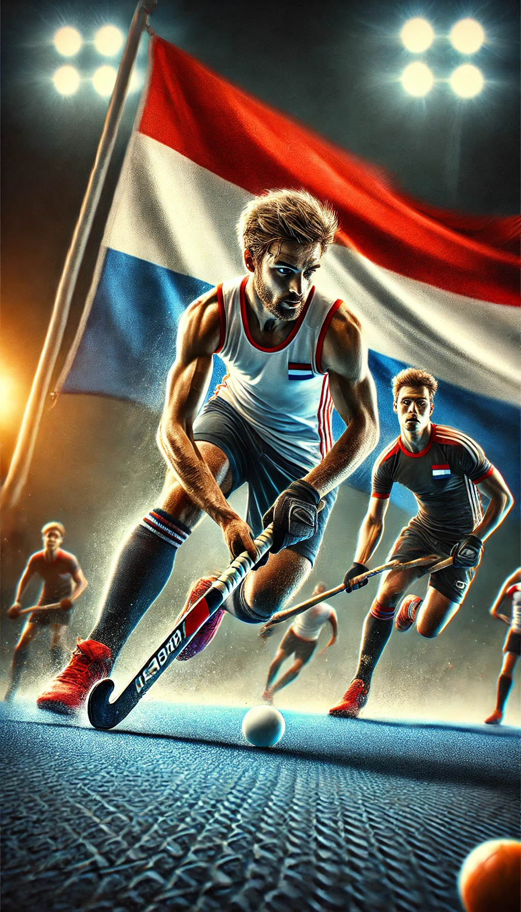 DALL·E 2025-02-18 13.36.01 - A dynamic and energetic image depicting a field hockey match in action. The player is focused, dribbling the ball with precision while another player